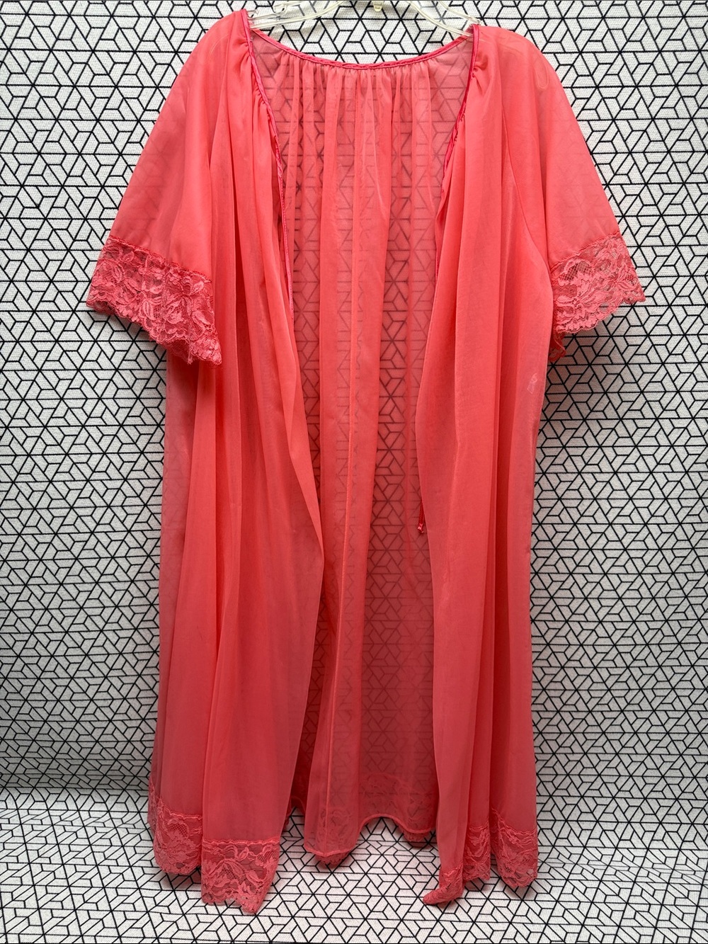 Vtg. 1970s Vanity Fair Coral Lace-Trim Sheer Robe